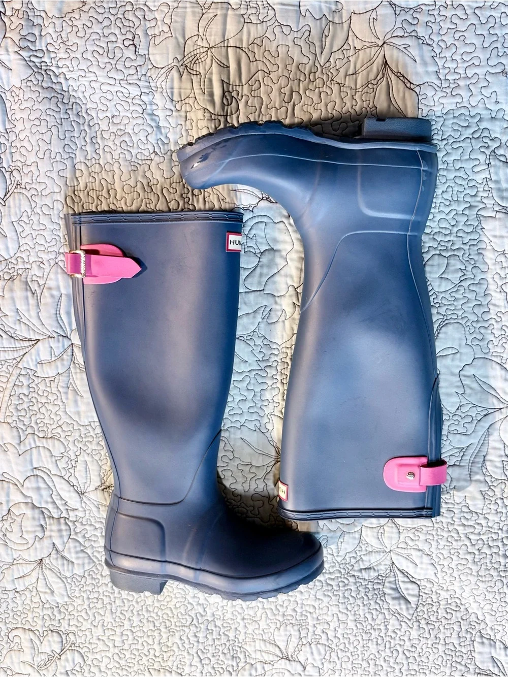 💥Hunter Original Tall Rain Boots Gray Pink Buckle Waterproof Wellies Sz 5❤️